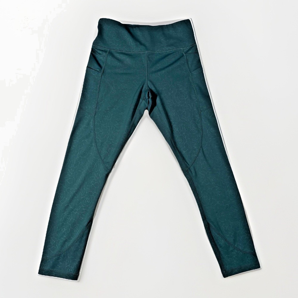 Zyia Active Leggings Womens 6-8 Teal Floral Embossed High Rise Side Pockets
